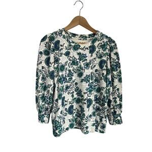 LOFT Green Floral Cotton Top Small Cottagecore Botanical Spring Sweater Shirt